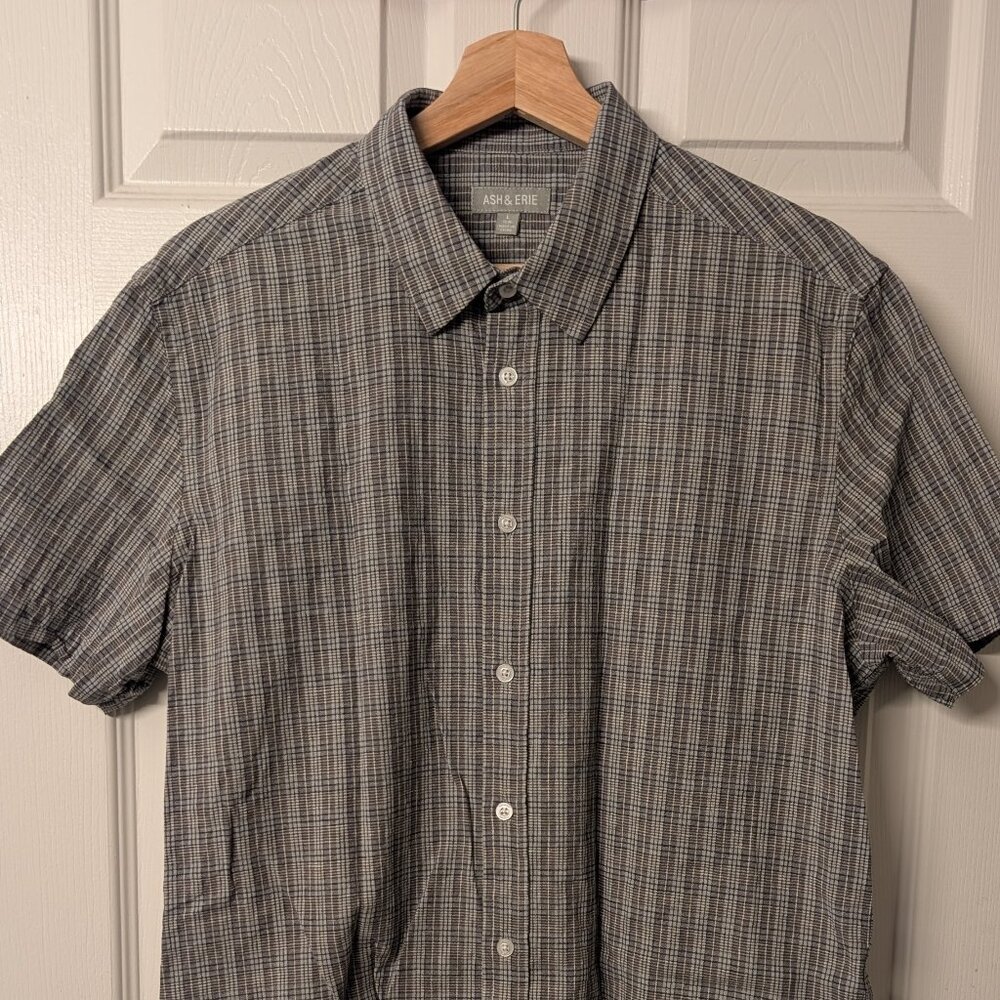 Ash & Erie Nickel Plaid Linen Short Sleeve Shirt Large Slim
